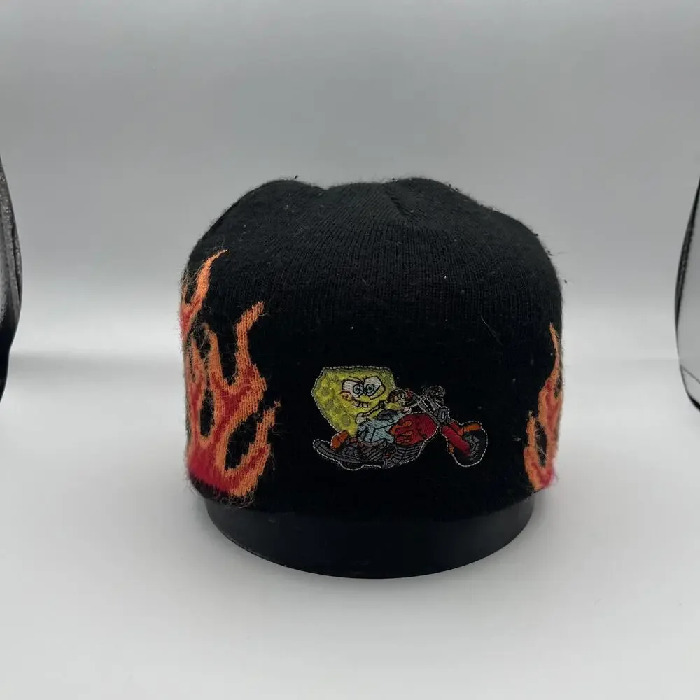 Vintage Nickelodeon SpongeBob Beanie Boys One Size Black Flames Motorcycle 2004